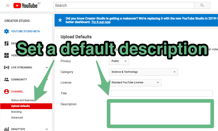 youtube default upload settings for description