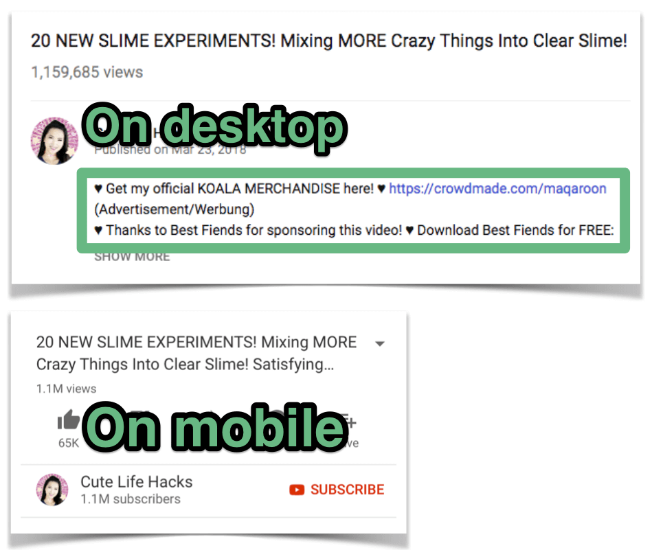 how does the YouTube video description gets displayed on desktop and mobile