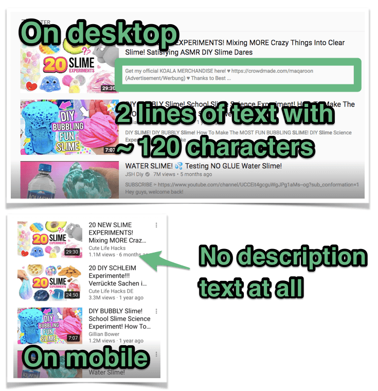 how many characters of the youtube description get displayed in search results SERP