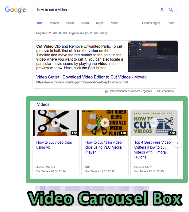 video carousel box on google search