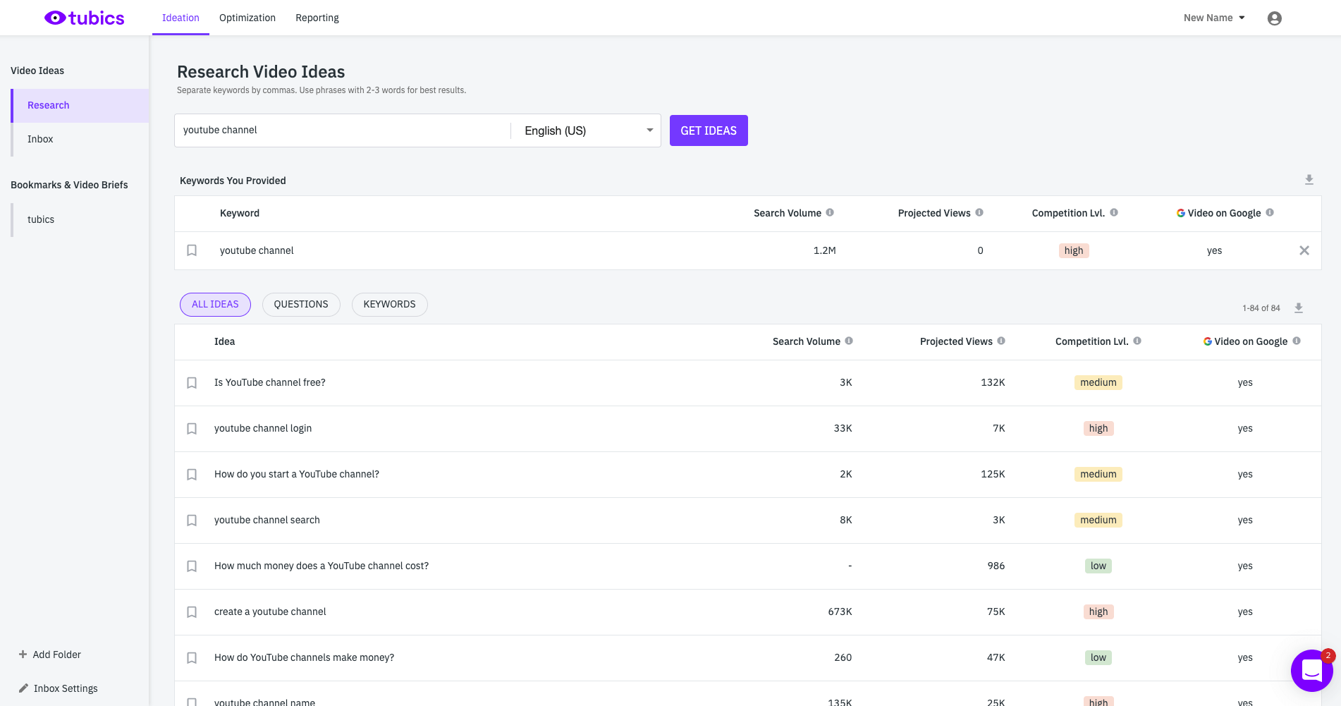 tubics ideation feature